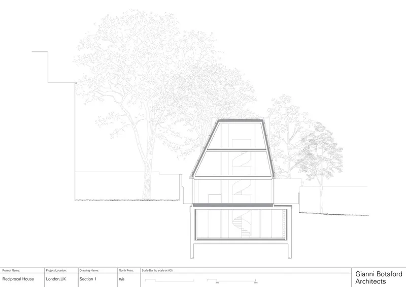 Cross-section through the A-frame showing the stair, roof geometry, and landscape context.