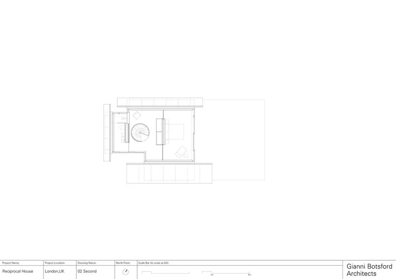 First floor plan with bedrooms and the spiral stair.