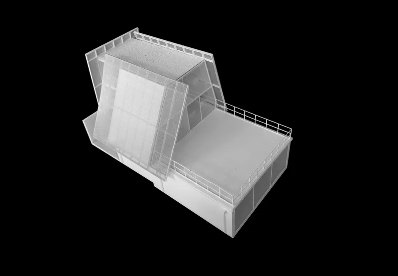 Transparent wireframe model on black background revealing the structural concept.