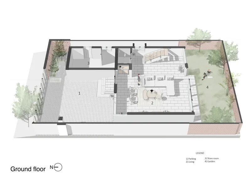 Ground floor plan: parking, living and family rooms, garden, kitchen, service areas, brick boundary