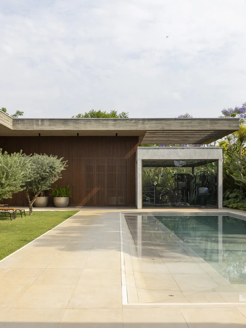 Rear terrace with concrete canopy extending over timber-clad volume and limestone pavers beside the pool