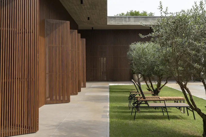 Covered walkway with vertical timber slat screens and olive trees on the lawn beyond