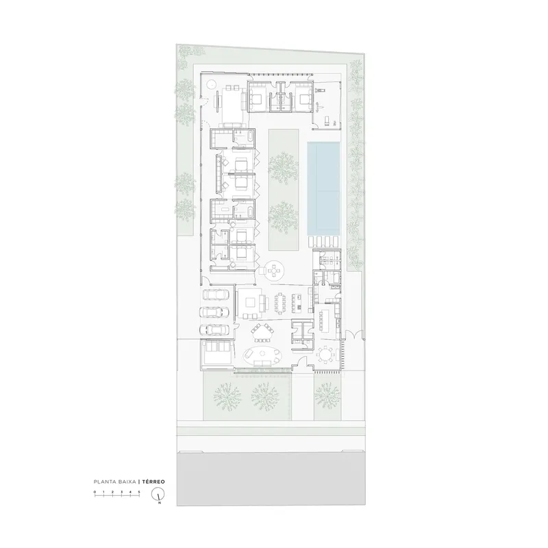 Ground floor plan drawing showing residential wing, swimming pool, and landscaped courtyards with trees