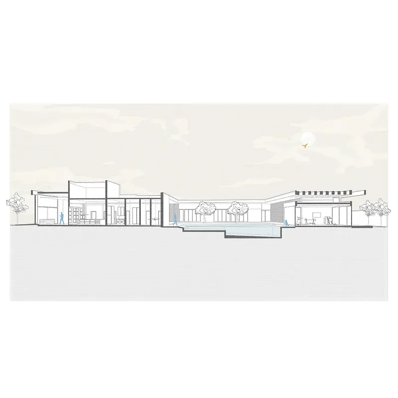 Section drawing showing multi-level volumes with flat and sloped roofs beneath a pale sky