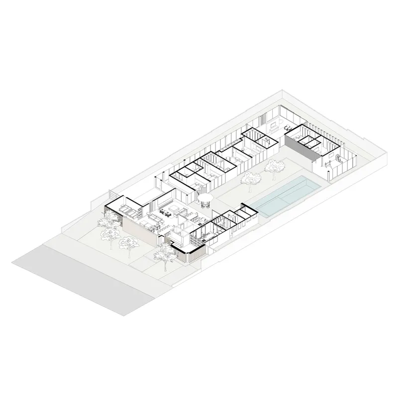 Axonometric drawing revealing interior rooms arranged around a central pool and courtyard spaces