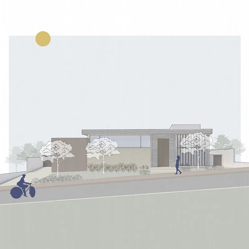 Elevation drawing of the street facade with timber cladding, planted bed, and pedestrians