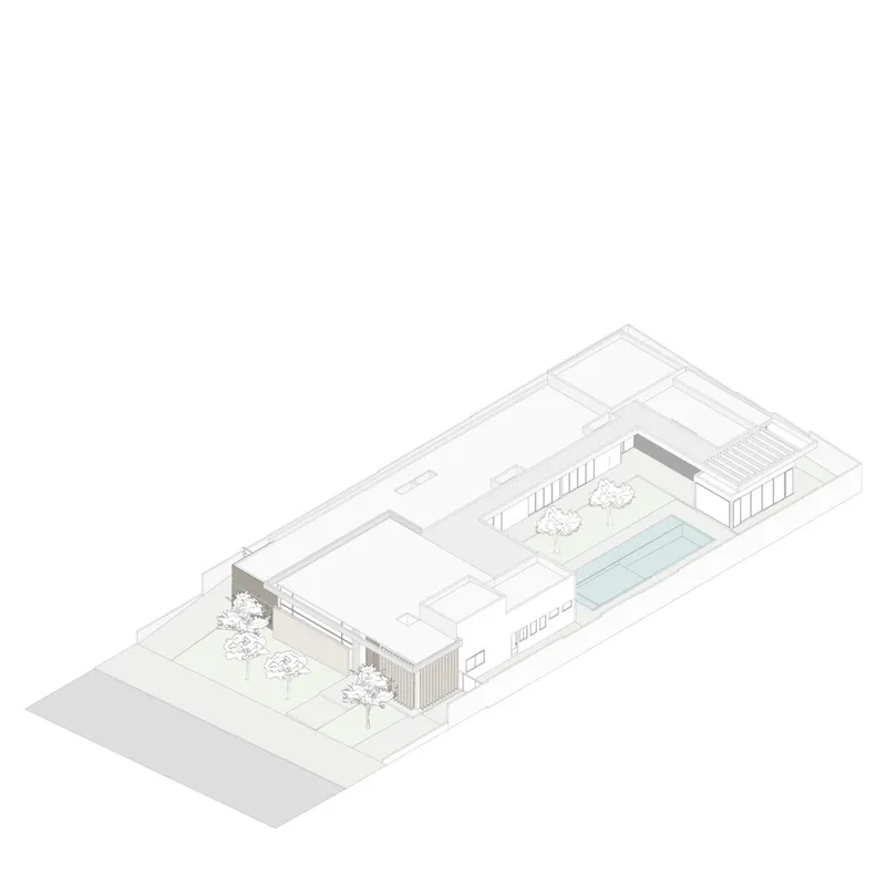 Axonometric drawing of the residence revealing interior volumes with a central courtyard pool