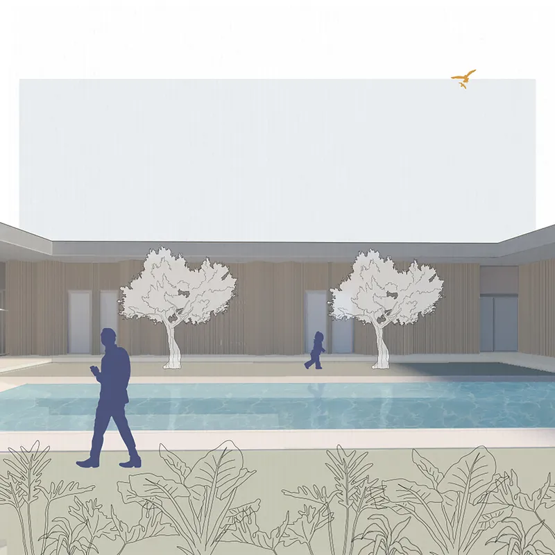 Elevation drawing of the pool courtyard with two trees and figures walking beneath a bird