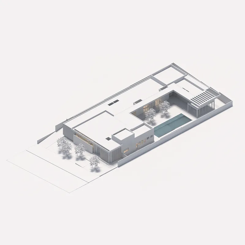 Isometric drawing showing roof plan with central courtyard pool and surrounding tree canopies