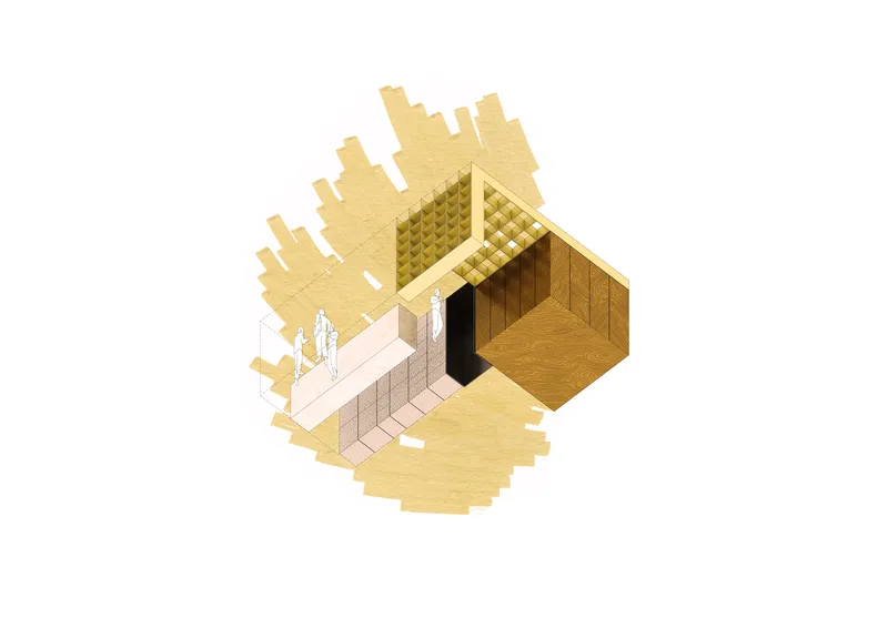 Axonometric drawing revealing interior volumes with gridded ceiling, timber-lined rooms, and two figures in the entry