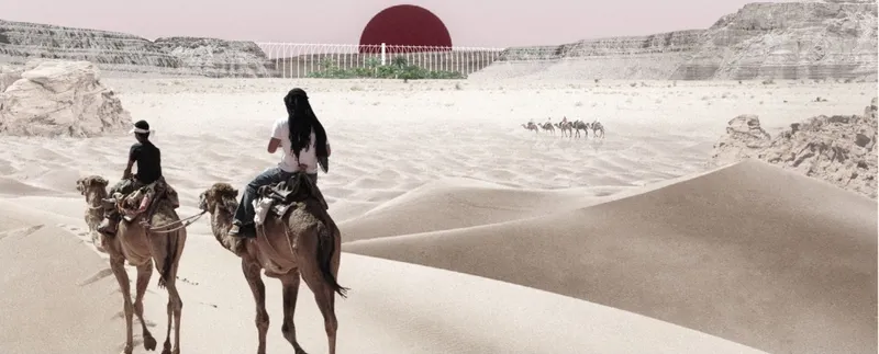 Collage view of the domed city at Daya Iriji with camel riders approaching across the dunes
