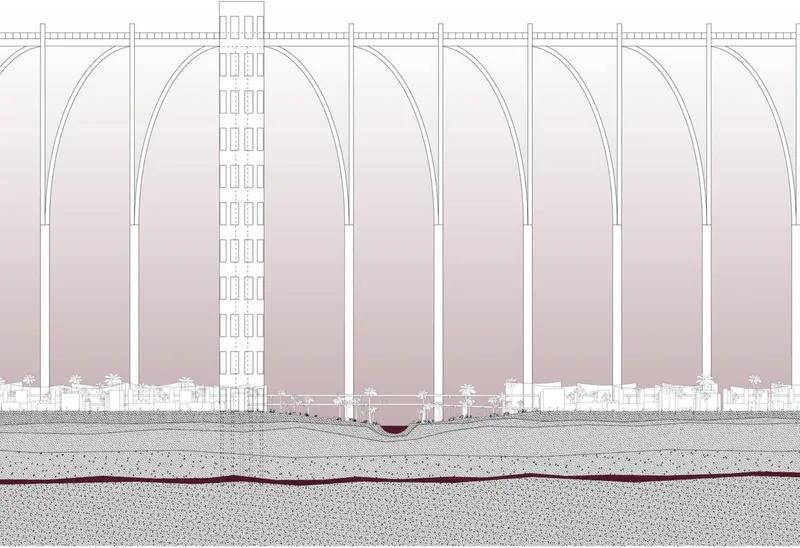 Architectural section showing arched structural bays, underground water systems, and habitation levels