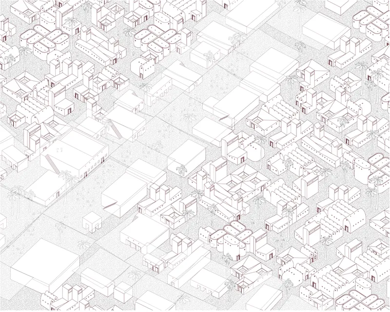 Axonometric drawing of the dense urban fabric with courtyards, shaded streets, and varied building forms