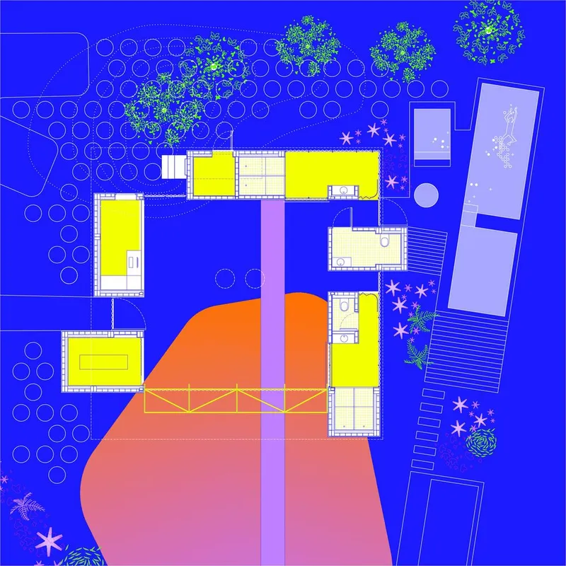 Site plan drawing showing scattered building volumes with yellow highlights and circular tree symbols on blue ground