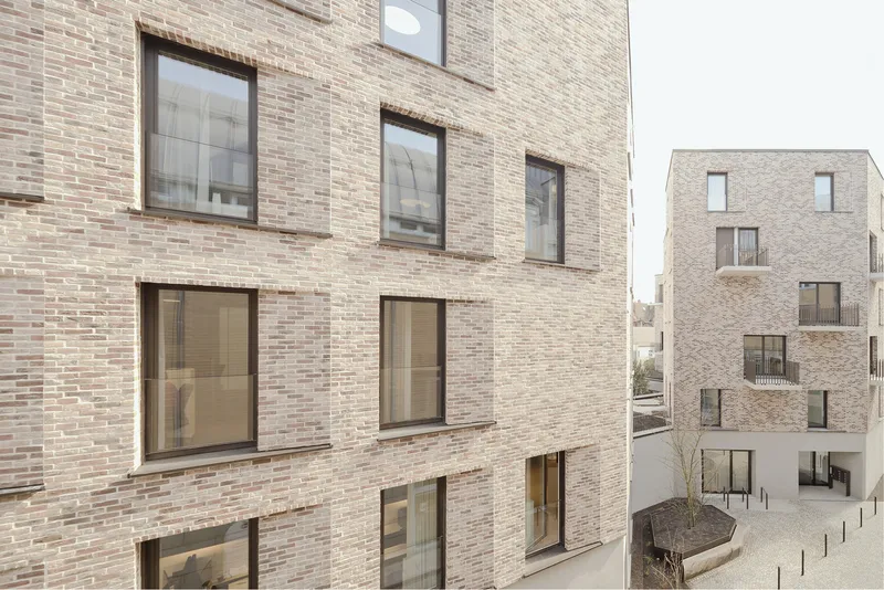 Courtyard view showing pale brick facades with punched windows and a young tree in daylight