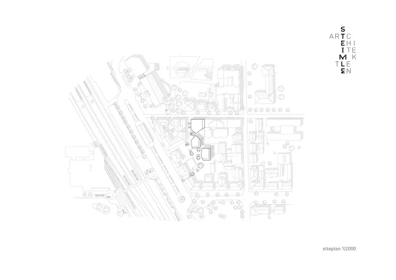 Site plan drawing showing building footprints, streets, landscaping and surrounding urban context