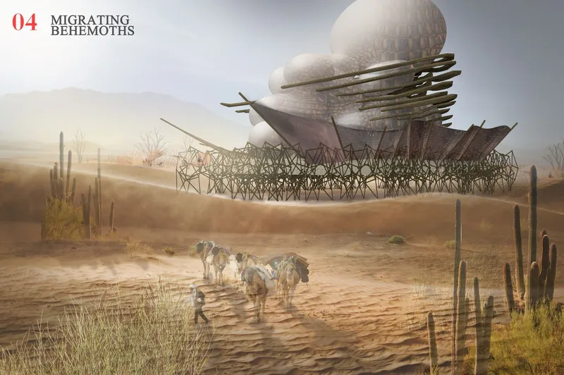 The behemoth at rest in a desert landscape with zebras grazing nearby, showing the full scale of the mobile structure