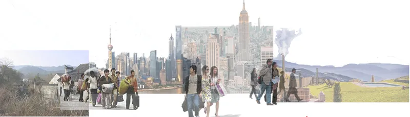Collage showing urban migration patterns and the contrast between dense cities and open desert