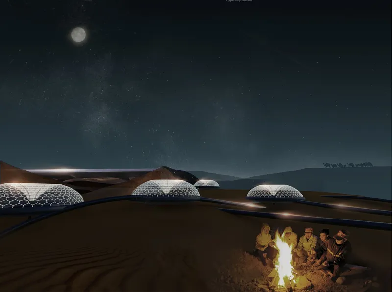 Geodesic dome dwellings under a moonlit desert sky, with residents gathered around a campfire