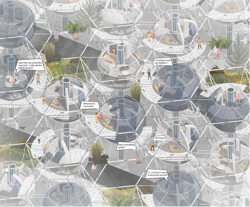 Aerial view of interconnected spherical dwellings with central water towers and communal pathways