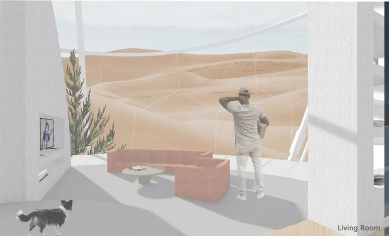 Living room interior with panoramic curved window overlooking desert dunes