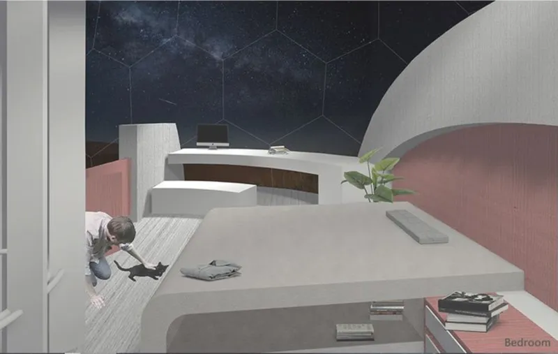 Bedroom with curved ceiling opening to the night sky, showing hexagonal structural panels