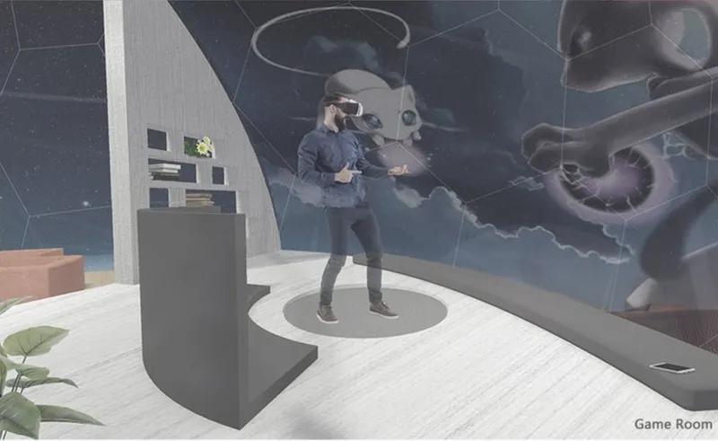 Game room interior with VR equipment and immersive wall projection