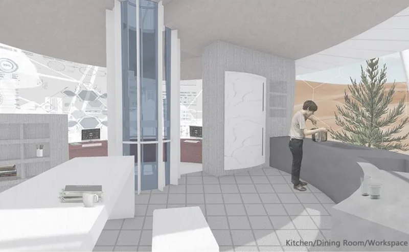 Kitchen, dining, and workspace interior with desert views through the curved shell
