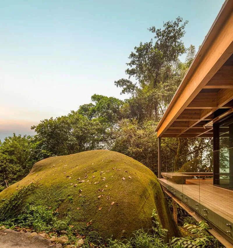 Moss-covered granite outcrop beside the glazed timber pavilion at sunset with trees silhouetted against the sky