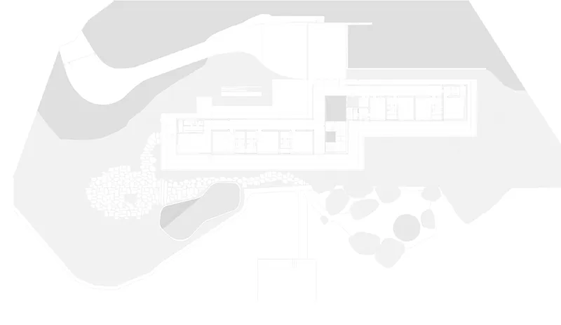 Floor plan drawing showing a linear residence with rooms opening to a curved pool and landscaped site