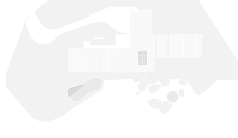 Roof plan drawing showing the upper level layout with terraces adjacent to the organic pool form