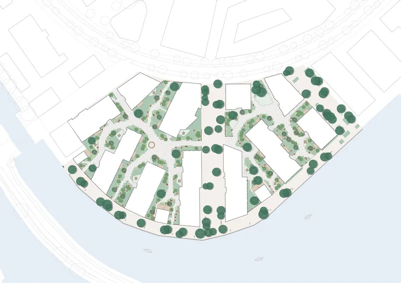 Site plan drawing showing scattered residential buildings with tree-lined pathways in a fan-shaped waterfront plot