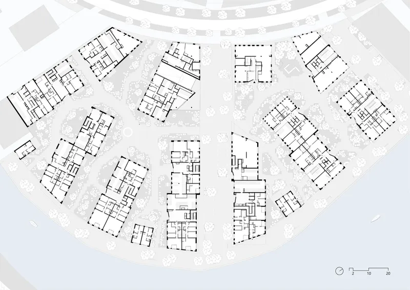 Ground floor plan drawing revealing multiple residential blocks with central courtyards and perimeter tree planting