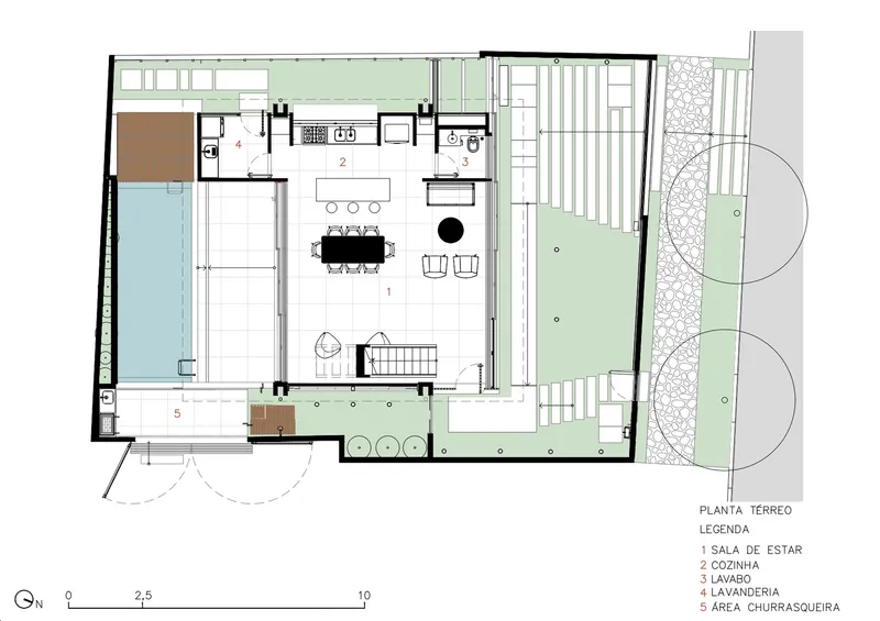 Ground floor plan drawing showing living areas, kitchen, pool, and outdoor terrace with tree canopies