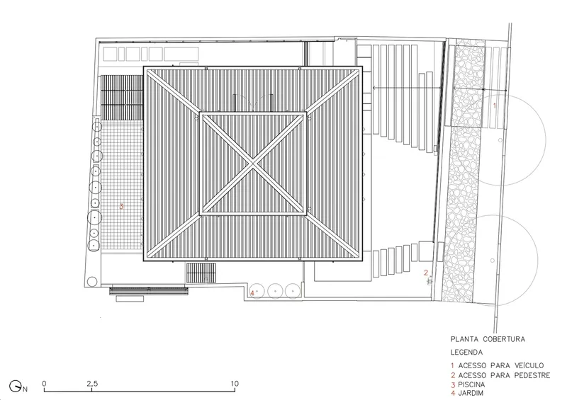 Roof plan drawing showing hipped tile roof over main volume with adjacent pool and garden area