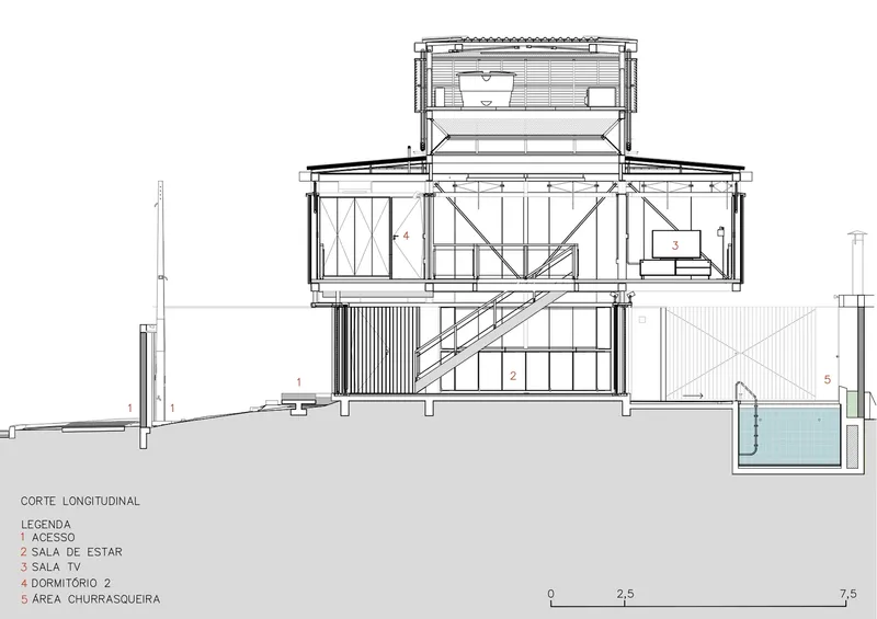 Longitudinal section drawing showing a stacked two-story structure with central stair and rooftop volume