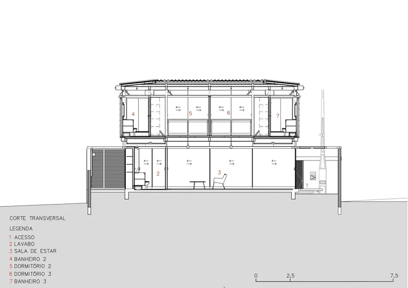 Transverse section drawing revealing the internal room divisions across two levels with a terrace