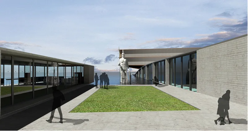 The central courtyard, featuring the iconic Statue of Athena, symbolizes wisdom amidst the museum's innovative architecture.
