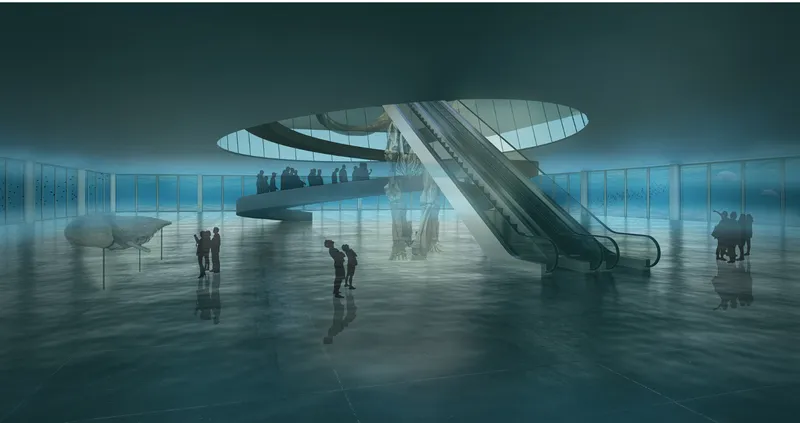 An immersive underwater exhibit showcasing marine life and innovative design within the Athena Museum.