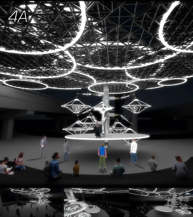 Interior view 4A: LED rings suspended from a deep steel grid ceiling converge on a central kinetic chandelier, with diamond-shaped illuminator units lowered on cables over a round stage and audiences seated on the surrounding plinth