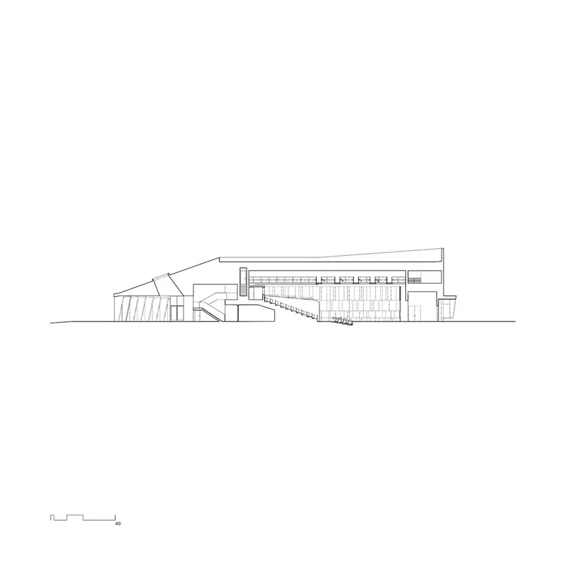 Section drawing revealing sloped roof forms, internal seating tiers, and the spatial relationship between major volumes