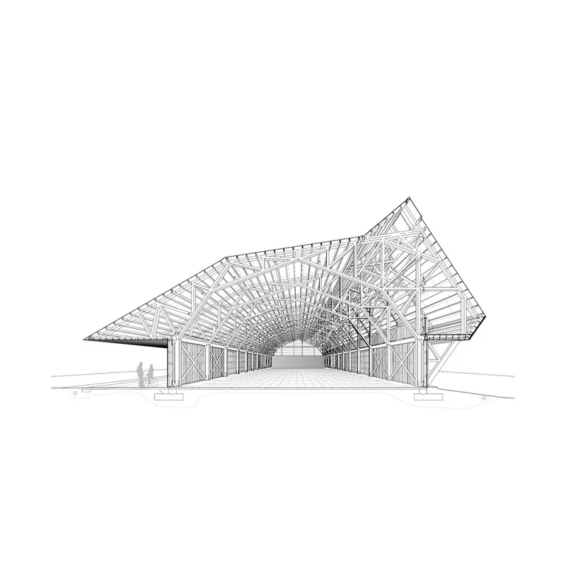 Perspective drawing of the interior timber truss structure with two figures at the entrance for scale