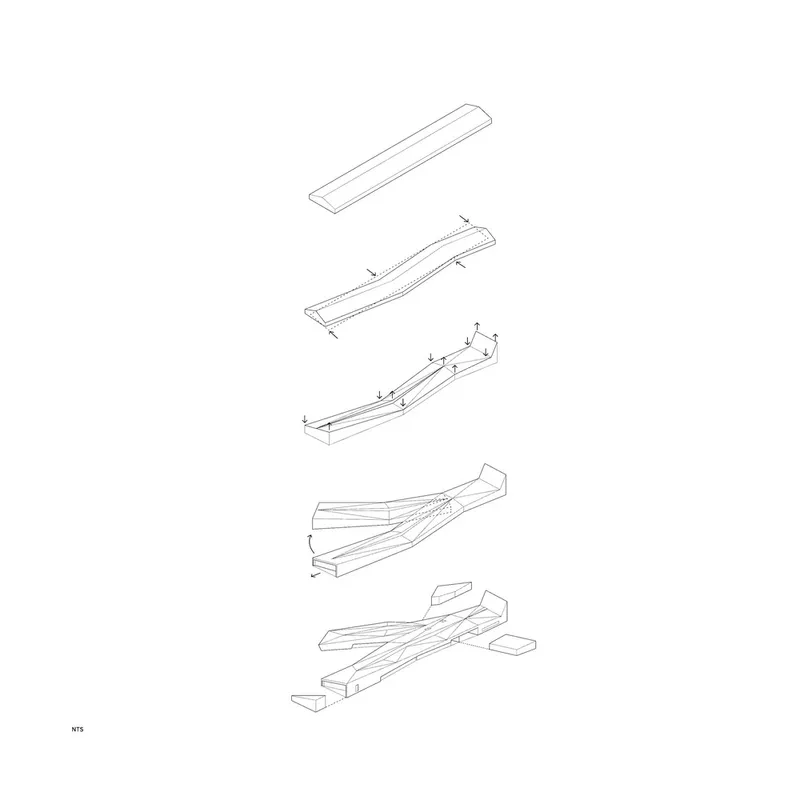 Exploded axonometric drawing showing five layers of curved structural beam assemblies with connection details