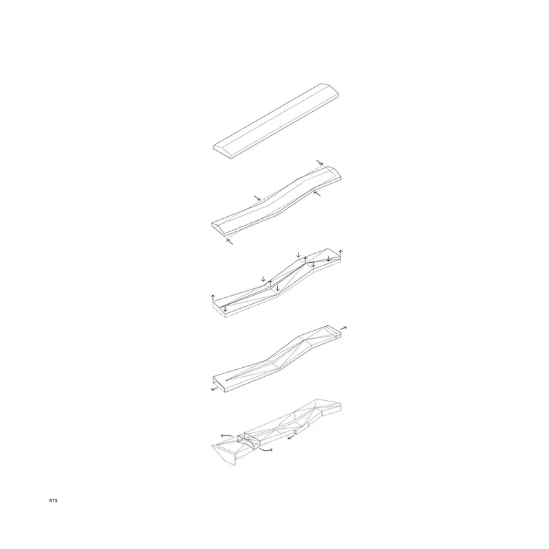 Axonometric drawing showing the assembly sequence of curved structural components from flat to complex joint