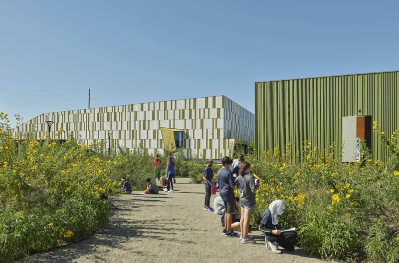 Gravel path through planted beds leading visitors toward volumes clad in patterned panels and green metal