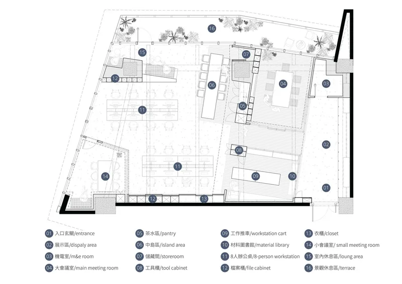 Floor plan drawing showing an angular office layout with numbered zones and terrace areas