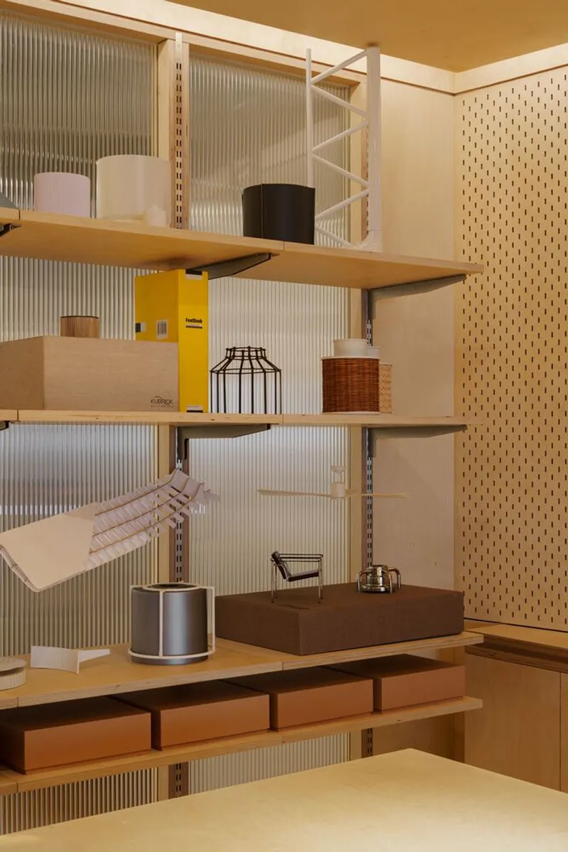 Open shelving unit with adjustable plywood shelves holding office supplies against fluted glass and pegboard wall backing