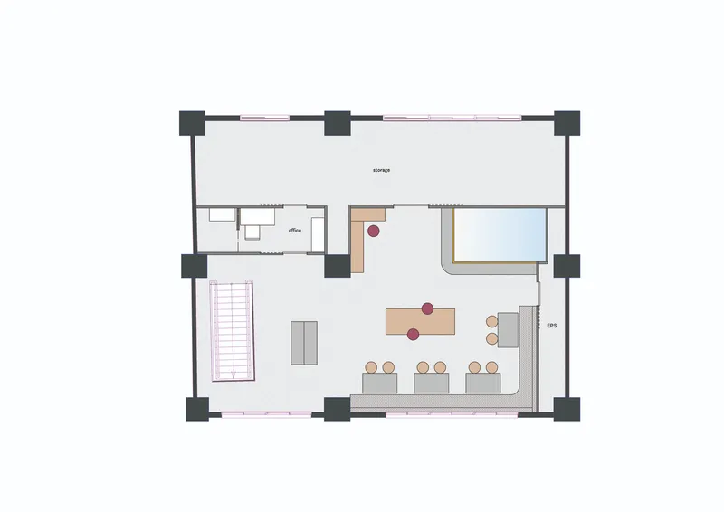 Floor plan drawing showing storage level with office, meeting room, and staircase