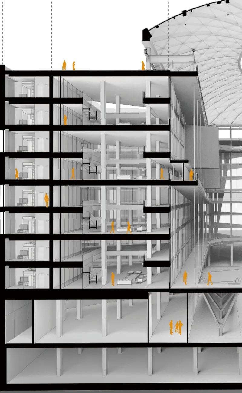 Section drawing showing multistory interior spaces with yellow figure silhouettes and a geometric dome above