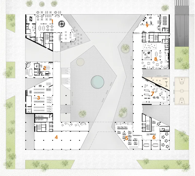 Floor plan drawing showing wing-shaped volumes arranged around a central courtyard with circular water feature